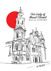 Drawing sketch illustration of The Our Lady of Mount Carmel cathedral in Rio de Janeiro - obrazy, fototapety, plakaty