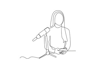 One continuous line drawing of woman looking at podcast list on mobile phone
