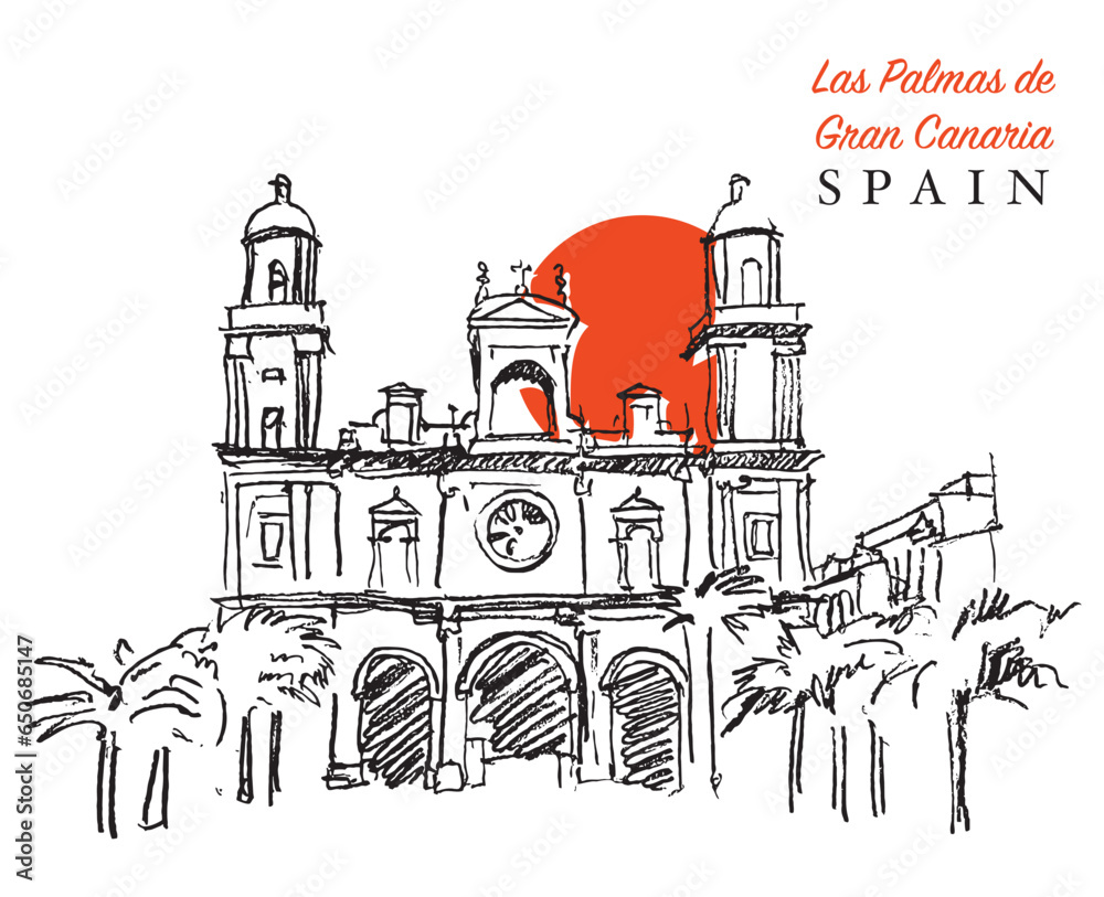 Wall mural drawing sketch illustration of the cathedral of santa ana in las palmas, gran canaria, spain