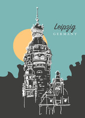 Drawing sketch illustration of the New Town Hall in Leipzig, Germany