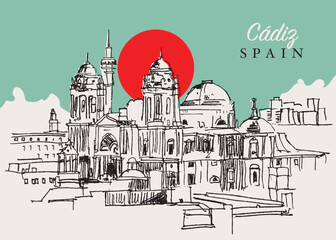 Drawing sketch illustration of of Cadiz cityscape, Andalusia, Spain © EnginKorkmaz