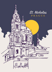 Drawing sketch illustration of St. Nicholas Church in Prague, Czechia - obrazy, fototapety, plakaty