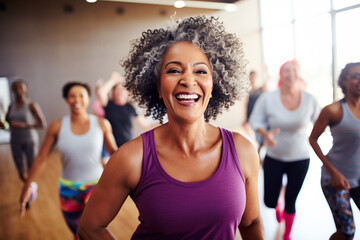 Middle-aged women enjoying a joyful dance class, candidly expressing their active lifestyle.