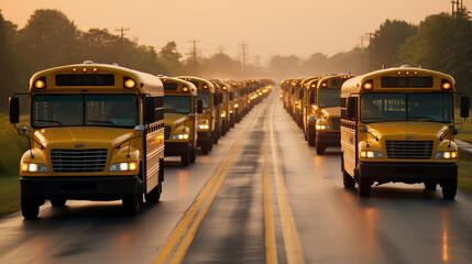 multiple school buses on their way to the city to pick up all the students at their homes