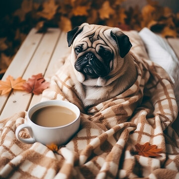 Pug dog lies with plaid, cup of coffee and autumn decor