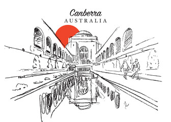 Drawing sketch illustration of the Australian War Memorial in Canberra, Australia