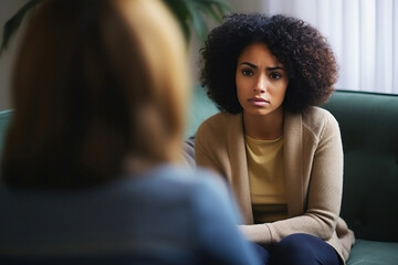 Sad African American girl get psychological support of counselor therapist - obrazy, fototapety, plakaty