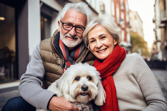 Romantic senior couple with their dog in the street