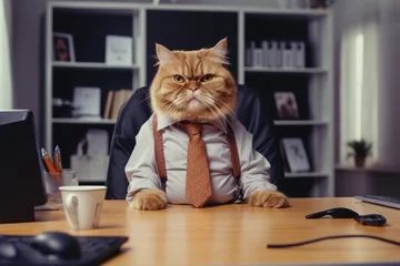 Tuinposter a cat in a orange shirt and a tie sits at the office desk, a cat in the office with a tie © vasyan_23