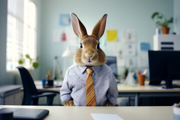a rabbit in a blue shirt with a tie sits at the office desk, a rabbit in the office with a tie