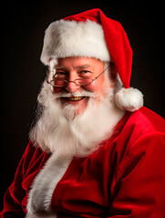 Professional studio photo of modern Santa Claus with gifts, decorations and Christmas tree