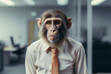 a monkey in a white shirt with a tie sits at the office desk, a monkey in the office with a tie - obrazy, fototapety, plakaty
