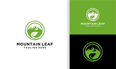 Mountain logo vector, Mount with leaf logo combination