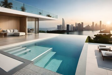 Modern villa with a private rooftop infinity pool overlooking the Miami skyline in Florida 