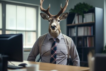 a deer in a blue shirt with a tie sits at the office desk, a deer in the office with a tie - obrazy, fototapety, plakaty