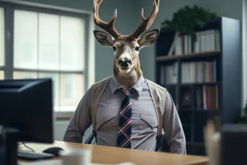 Plexiglas foto achterwand a deer in a blue shirt with a tie sits at the office desk, a deer in the office with a tie © vasyan_23