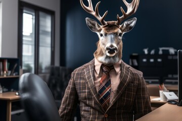 a deer in a pink shirt with a tie sits at the office desk, a deer in the office with a tie