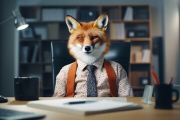 Fototapeta premium a fox in a pink shirt with a tie sits at the office desk, a fox in the office with a tie