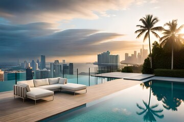 Modern villa with a private rooftop infinity pool overlooking the Miami skyline in Florida  - obrazy, fototapety, plakaty