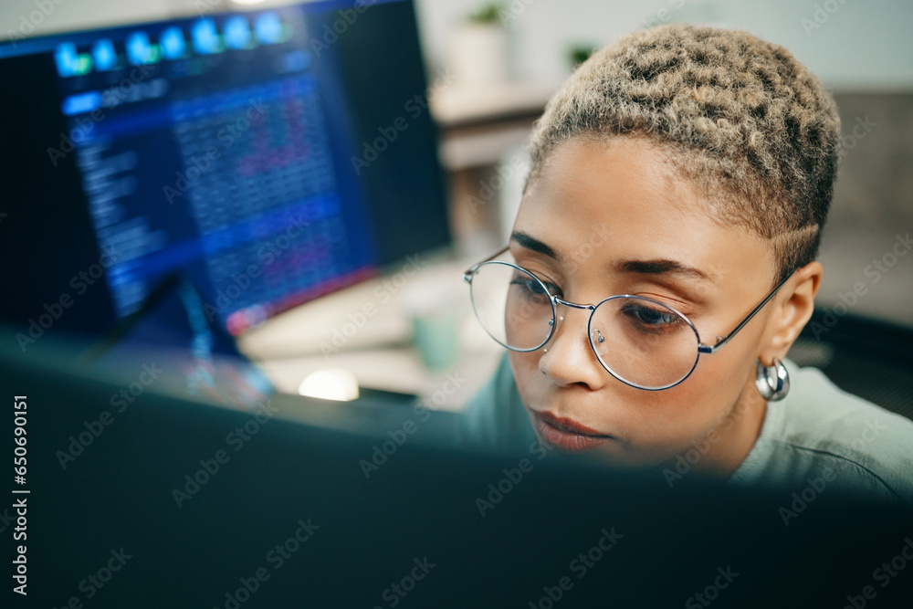 Leinwandbilder Computer, cyber security and face of woman programming ERP software, cybersecurity system or algorithm code. Programmer, developer or coding machine learning cloud computing server or IT database