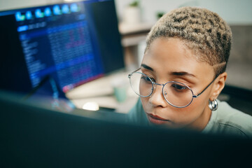 Computer, cyber security and face of woman programming ERP software, cybersecurity system or...