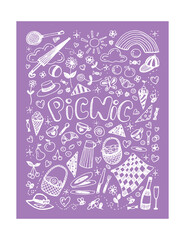 Picnic linear vector illustration on purple background