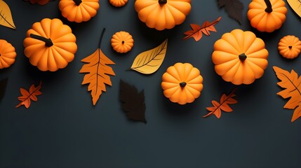 Orange pumpkins on a table, minimal flat lay pattern background.