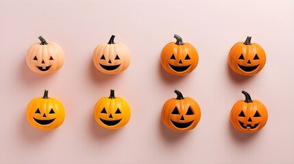 Orange pumpkins on a table, minimal flat lay background.