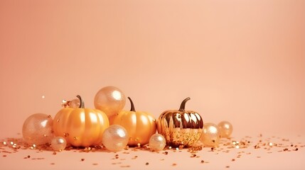 Halloween pumpkins with golden confetti and bokeh. Festive light beige background.