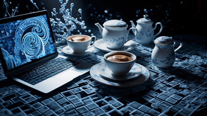 a mesmerizing photo featuring an algorithmic tea party, where binary-coded cakes fill the table in a symphony of patterns and shapes, their binary digits forming intricate designs, while teapots pour 