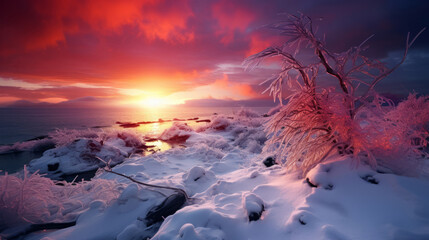 Beautiful winter sunrise is covering a winter landscape with yellow and red light