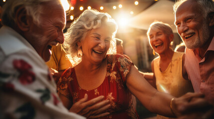 Senior friend group dancing. Fun retirement home birthday activity