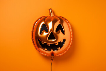 Jack o lantern pumpkin shaped foil balloon on an orange background for Halloween