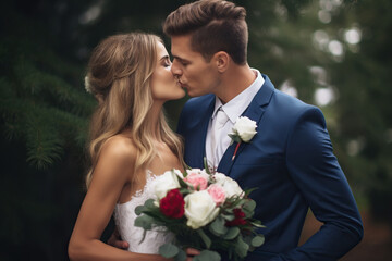 Bride and groom kissing on their wedding day