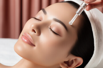 Asian woman with closed eyes applying skin tonic to her cheek with dropper cap