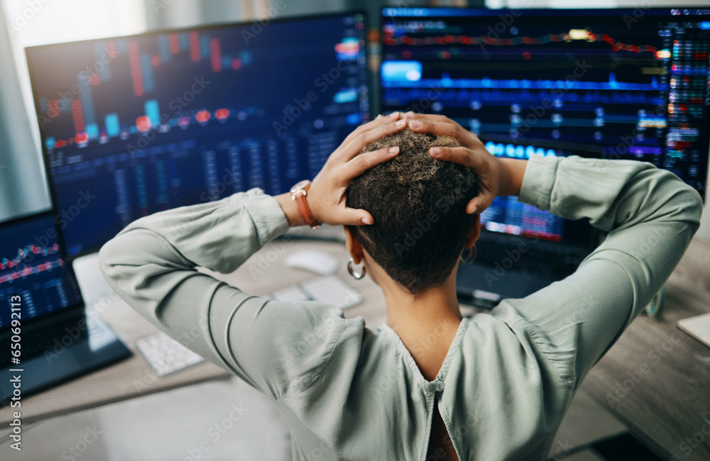 Poster woman headache, computer screen and stock market crash, trading mistake or bankruptcy crisis, debt o