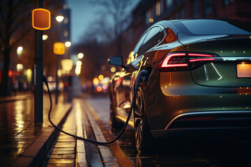Naklejka premium Charging an electric car with a public charger in a parking lot