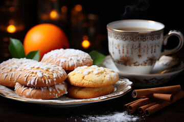 Christmas still life with cup with tea, cookies in the shape of snowflakes, oranges.