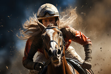 Jockey champion on racing horse in field - obrazy, fototapety, plakaty