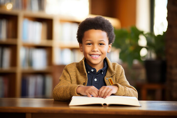 Cute African American boy reading book in library