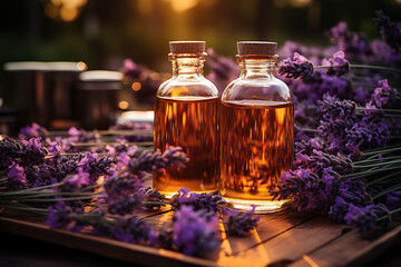 Essential Aromatic oil and lavender flowers, natural remedies, aromatherap.