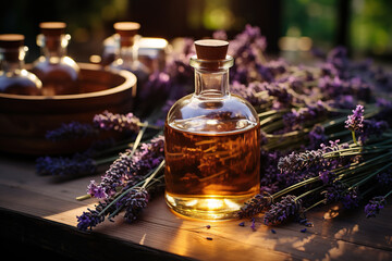 Obraz na płótnie Canvas Essential Aromatic oil and lavender flowers, natural remedies, aromatherap.