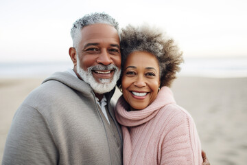 Very happy African American mature woman embracing retired man at beach - Powered by Adobe