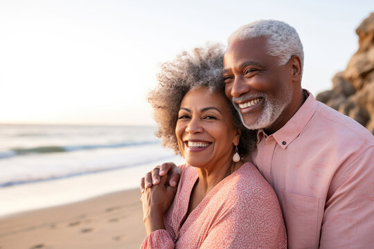 Very happy African American mature woman embracing retired man at beach