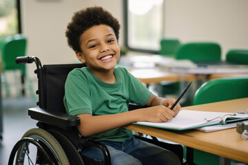 Portrait of smiling African American elementary boy studying while sitting on wheelchair at desk - obrazy, fototapety, plakaty