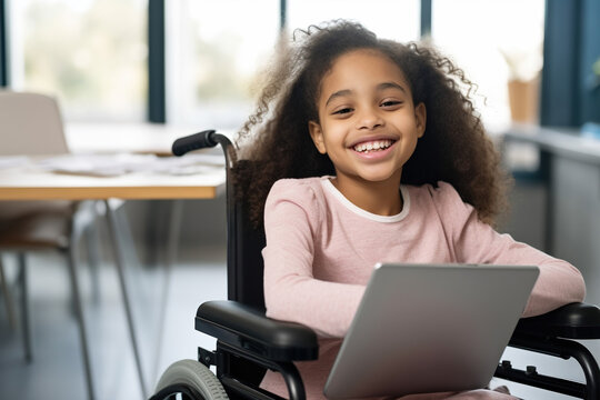 Portrait of smiling African American elementary girl studying while sitting on wheelchair at desk