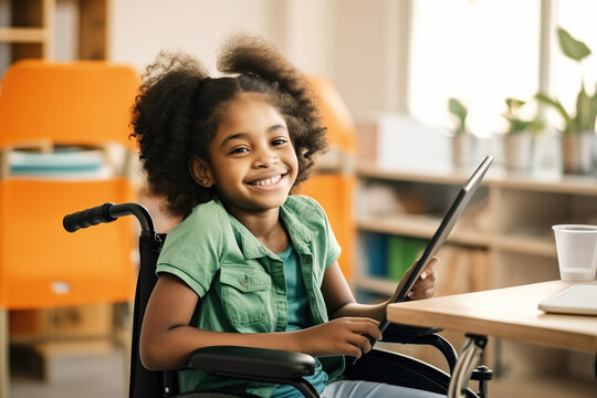 Portrait of smiling African American elementary girl studying while sitting on wheelchair at desk