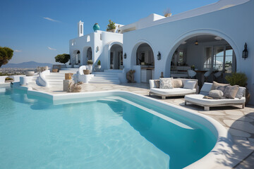 white house with pool on hill with stunning sea view - obrazy, fototapety, plakaty