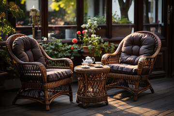 Wicker chairs and coffee table outdoors beside