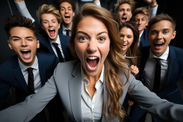 Fototapeta premium Very happy business team on studio background.